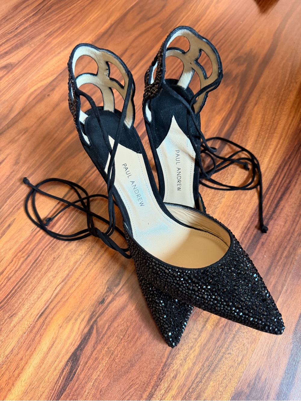 Paul Andrew Black Crystal Lace-Up Pointed-Toe Heels